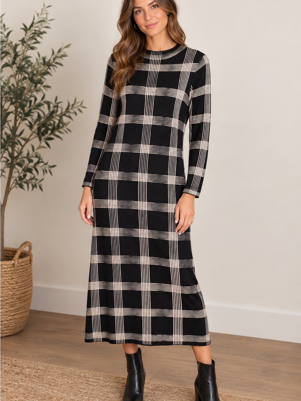 Maison Tara Plaid Sweater Dress Mock Neck Jacquard Knit Casual Mini Size L